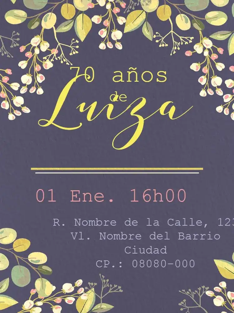 Invitación Virtual 70 Años - Floral Silvestre – tema Cumpleaños Infantil floral, delicado, clásico, colorido, natural, silvestre