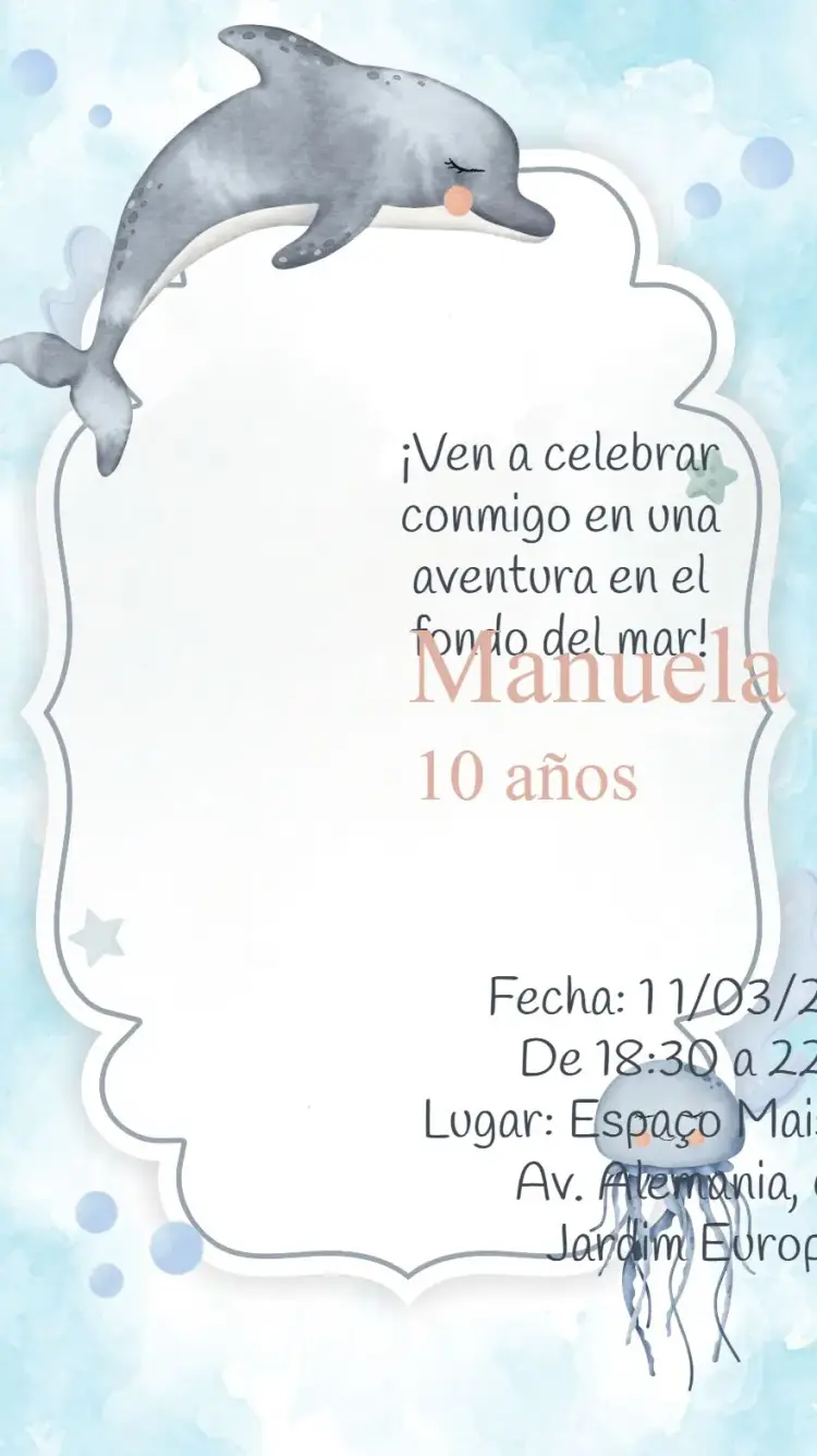 Invitación Delfín Acuarela Océano editable y personalizable