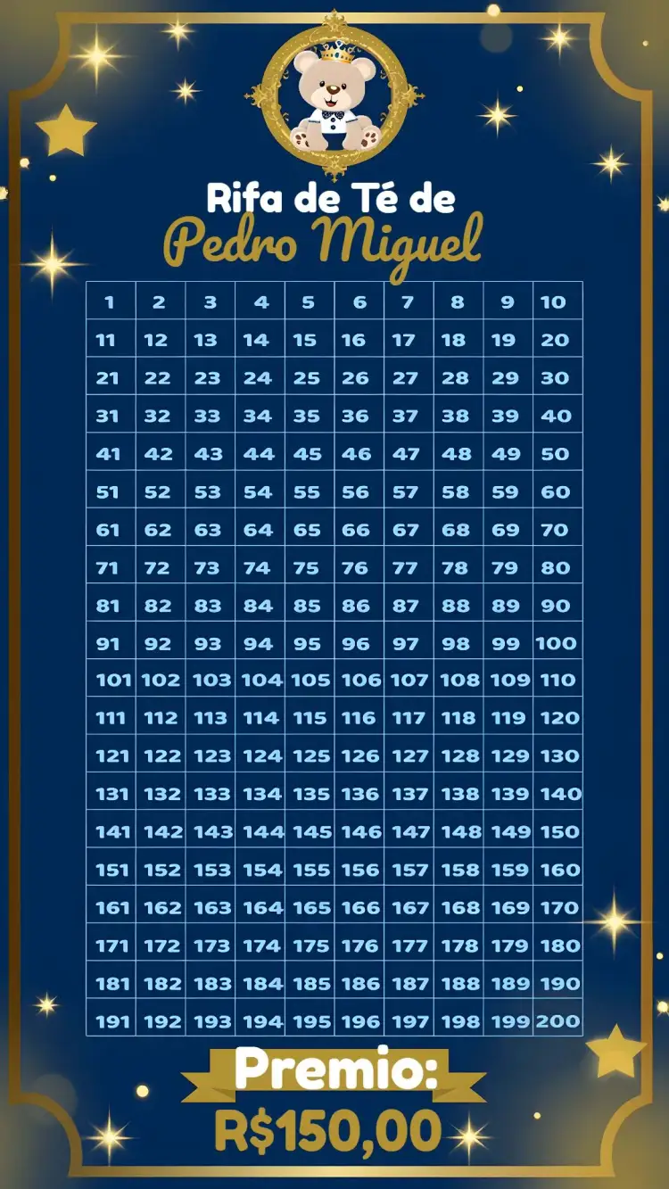 Invitación Té Rifa Osito Príncipe Cartela – tema Té Rifa oso, príncipe, dorado, azul, blanco, infantil