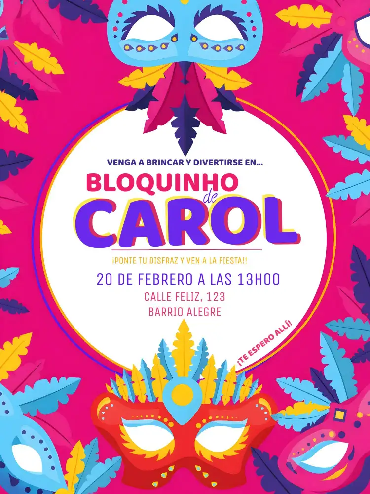 Invitación Fiesta De Carnaval Bloquinho – tema Fechas Conmemorativas colorido, divertido, moderno, tropical, alegre, festivo