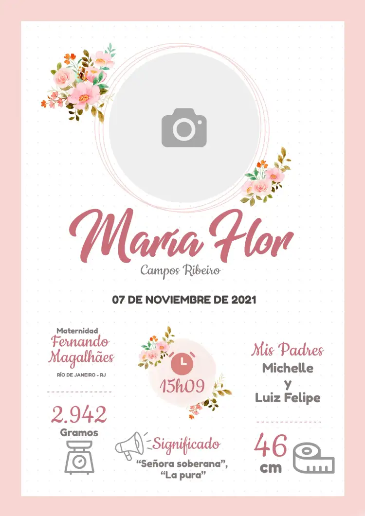 Invitación Cuadro De Nacimiento Floral – tema Baby Shower floral, delicado, rosa, lúdico, minimalista, moderno
