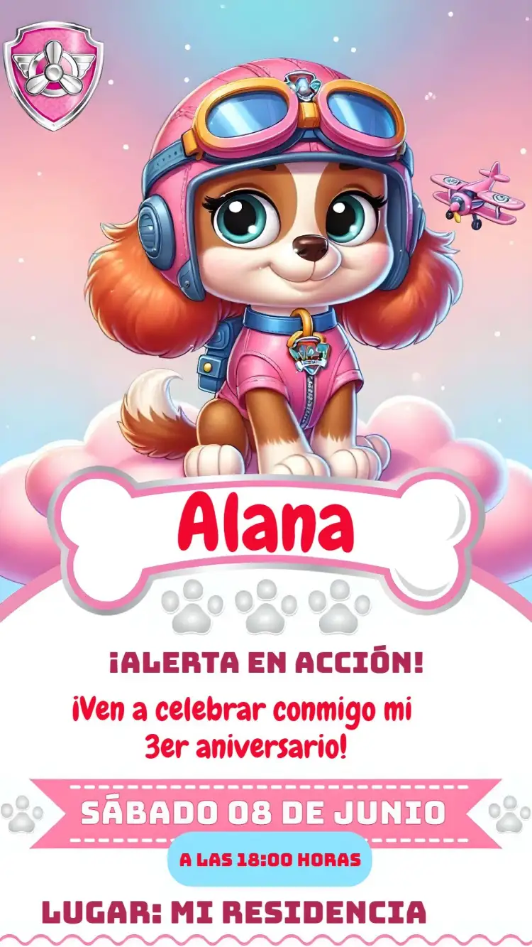 Invitación Skye Patrulla Canina Rosa – tema Cumpleaños Infantil rosa, divertido, colorido, infantil, personajes de la Patrulla Canina, temático