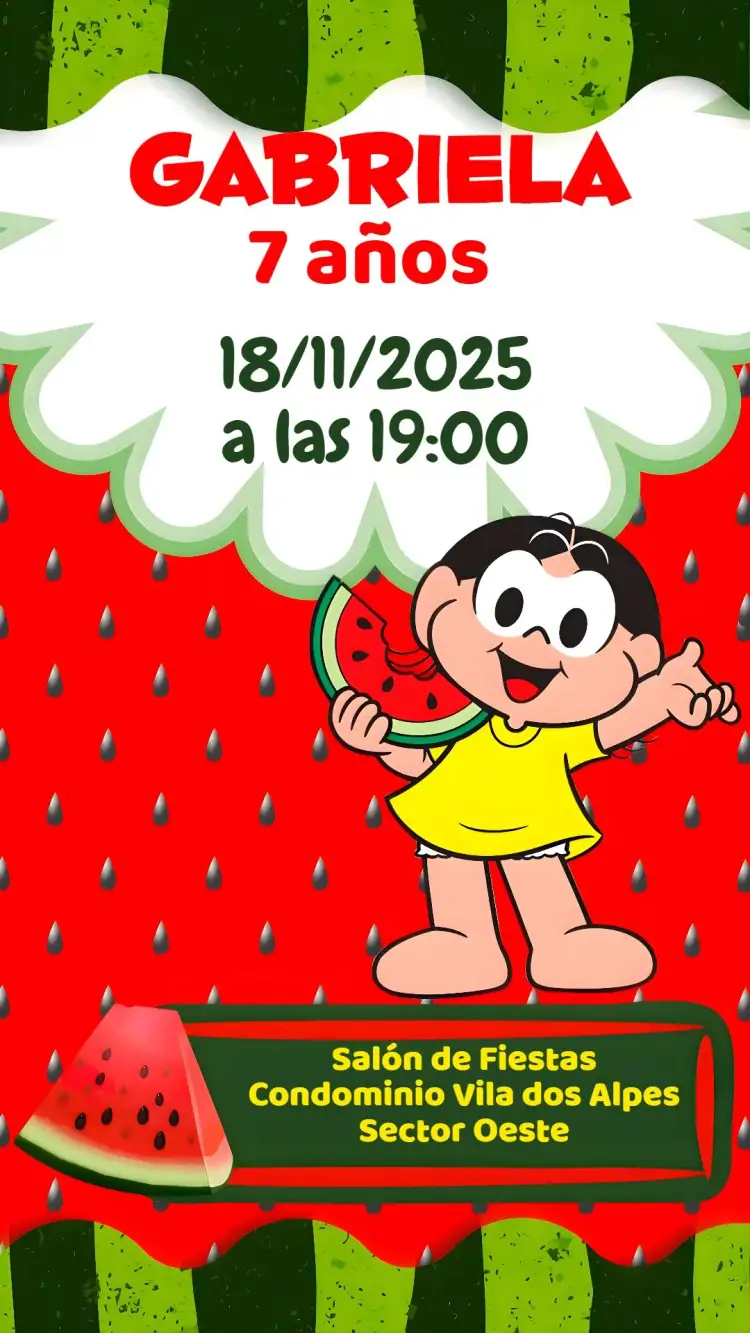 Invitación Magali – tema Cumpleaños Infantil frutas, colorido, divertido, lúdico, tropical