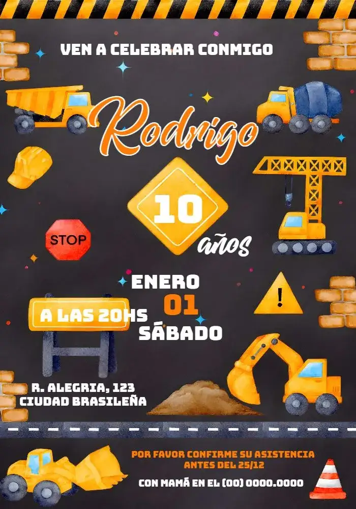 Invitación Camión de Construcción Volquete – tema Té Rifa acuarela, divertido, colorido, infantil, temática de construcción, vibrante