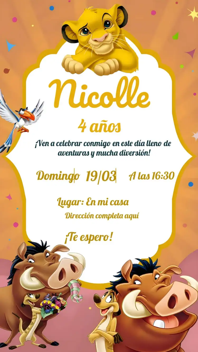 Invitación El Rey León – tema Cumpleaños Infantil animales, personajes animados, selva