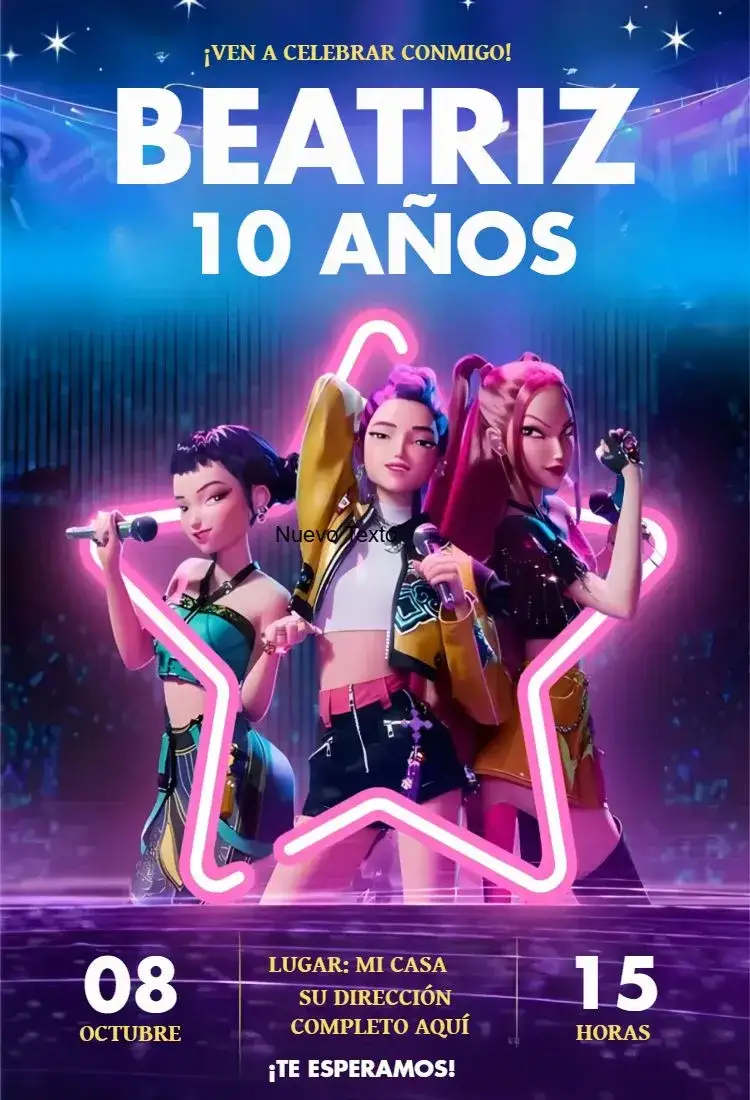 Invitación Invitación Cumpleaños Guerreras del Kpop – tema Cumpleaños colores vibrantes, moderno, estilo urbano, ilustraciones de Kpop, diseño dinámico, elementos de música