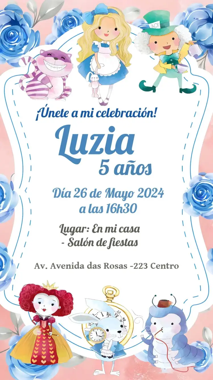 Invitación Alicia En El País De Las Maravillas Azul Rosa – tema Fechas Conmemorativas azul, rosa, temática, juguetón, ilustraciones