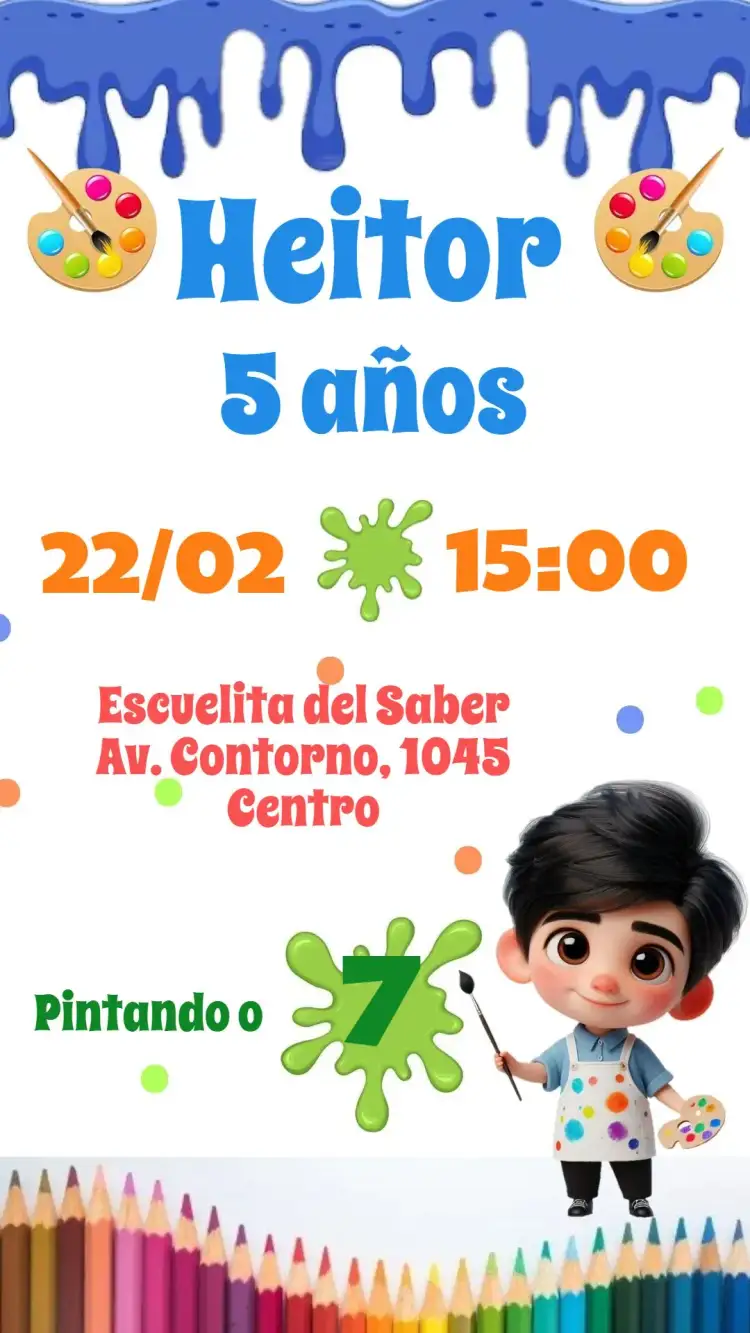 Invitación Pintando el 7 – tema Cumpleaños Infantil colorido, divertido, lúdico, creativo, artístico