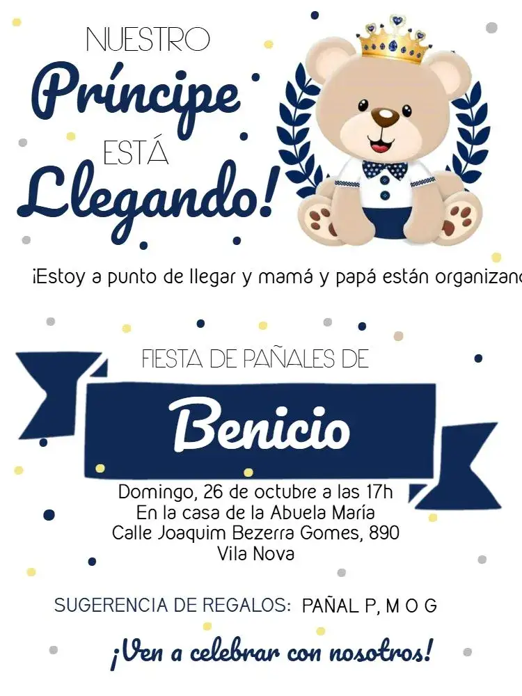 Invitación Baby Shower Príncipe Oso Pañales – tema Más buscados oso de peluche, azul marino, amarillo, blanco, beige, bolitas