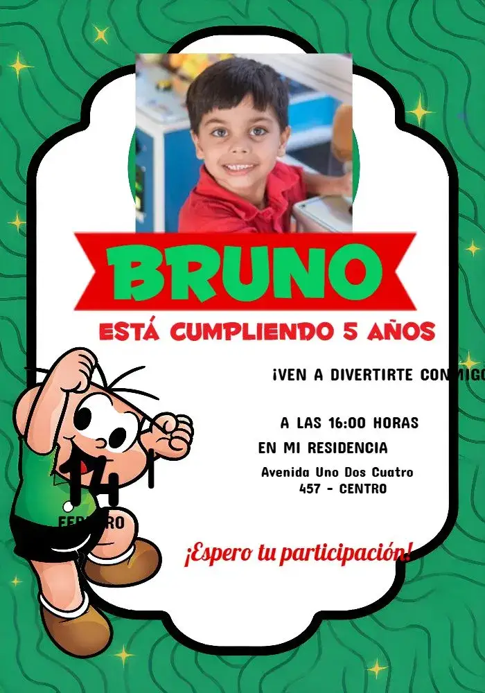 Invitación Cebolinha Turma Da Mônica Con Foto Magali – tema Cumpleaños Infantil colorido, divertido, infantil, vibrante, personajes, alegre