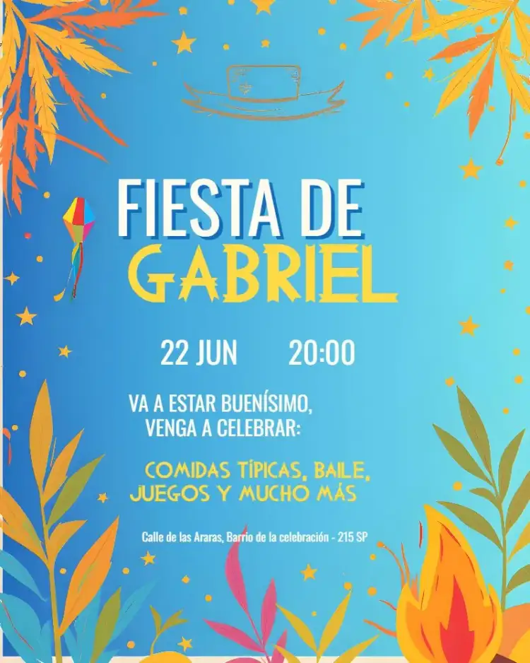 Invitación Arraiá San Juan Azul – tema Fechas Conmemorativas colorido, vibrante, fiesta junina, rústico, divertido, tradicional
