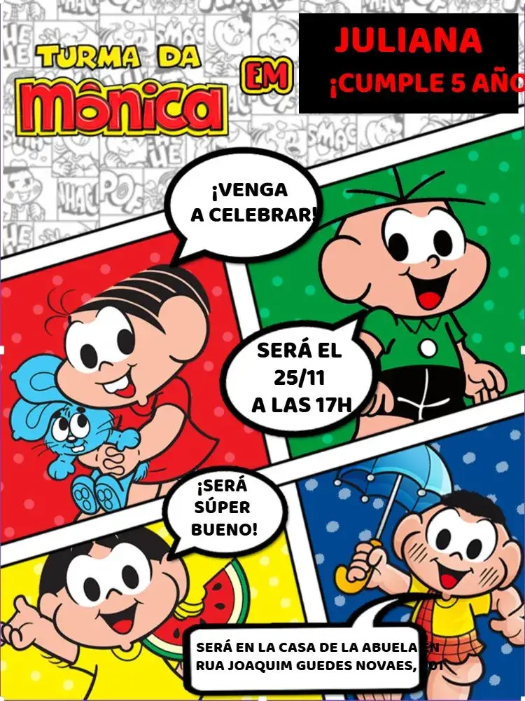 Invitación Turma De Mónica Amarillo editable y personalizable