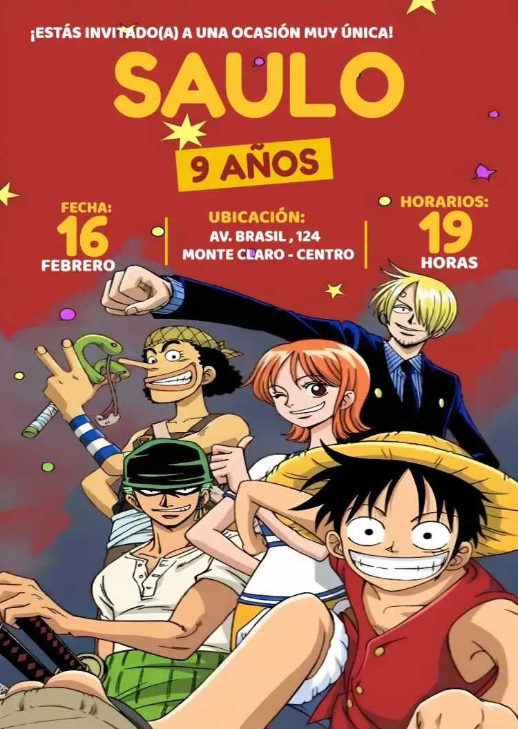 Invitación One Piece Colorido Luffy Infantil – tema Cumpleaños Infantil colorido, aventura, anime, marítimo, infantil, divertido