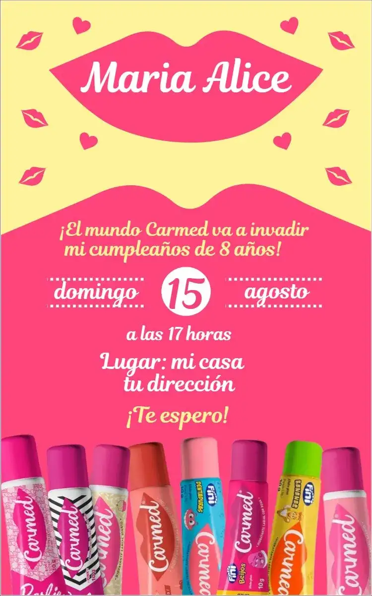 Invitación Carmed 3 – tema Cumpleaños rosa, divertido, infantil, colorido, doce, lúdico