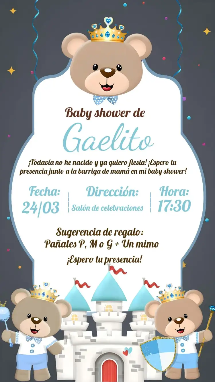 Invitación Baby Shower Príncipe Oso Blanco – tema Baby Shower azul y blanco, realeza, oso de peluche, minimalista, lúdico, elegante
