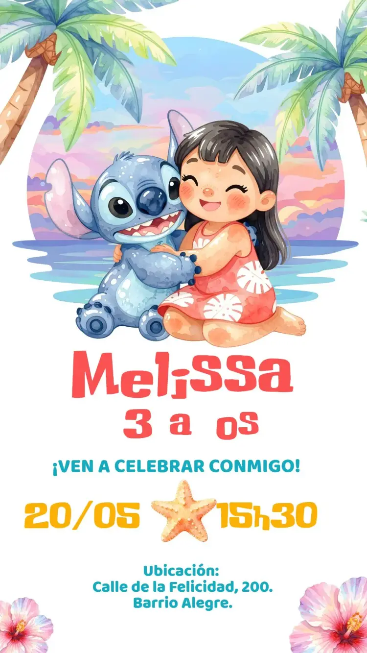 Invitación digital Lilo y Stitch Cute Acuarela