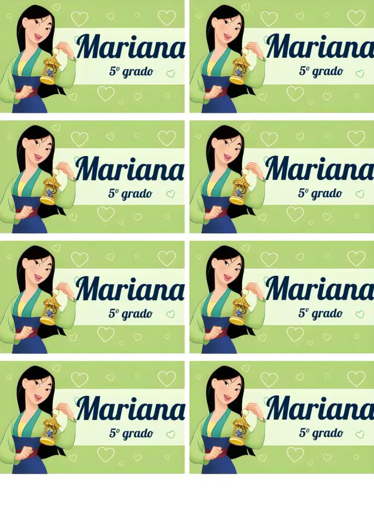 Invitación Etiqueta Escolar Mulan Chica – tema Cartones princesas, verde, temático infantil, divertido, colorido