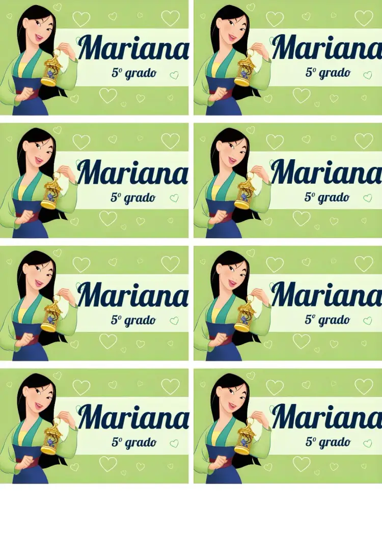 Invitación Etiqueta Escolar Mulan Chica editable y personalizable
