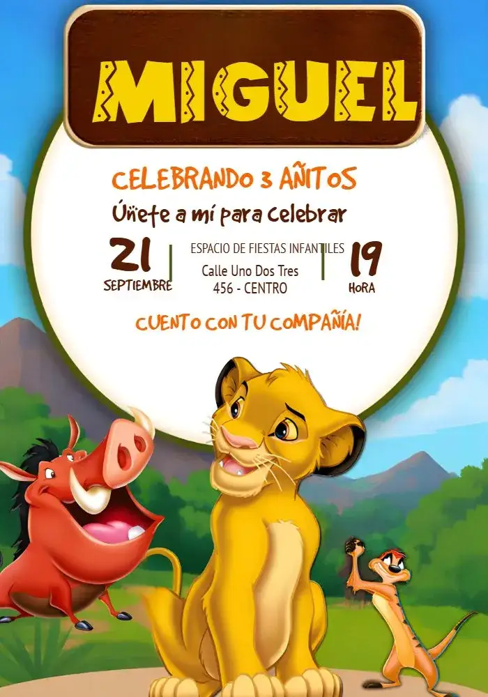 Invitación El Rey León Reileón – tema Cumpleaños Infantil salvaje, colorido, divertido, temático, animales, naturaleza