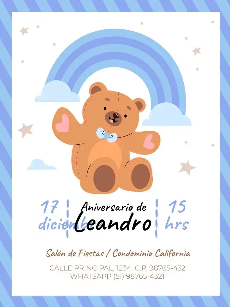 Invitación Infantil Masculino Osito Azul Encuentro – tema Cumpleaños Infantil azul, lúdico, animales, nubes, arcoíris