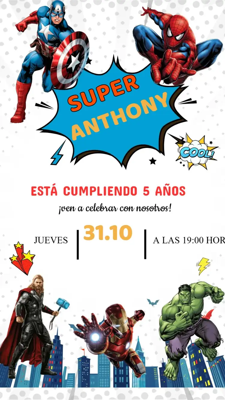 Invitación Invitación Cumpleaños Vengadores – tema Cumpleaños Infantil colorido, superhéroes, moderno, dinámico, vibrante, aventura