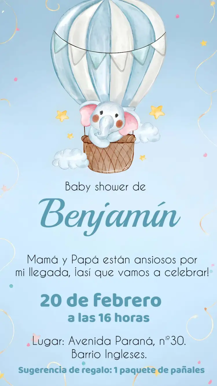 Invitación Baby Shower Elefantito Globos Safari – tema Más buscados safari, animales, globos, azul y blanco, infantil, divertido