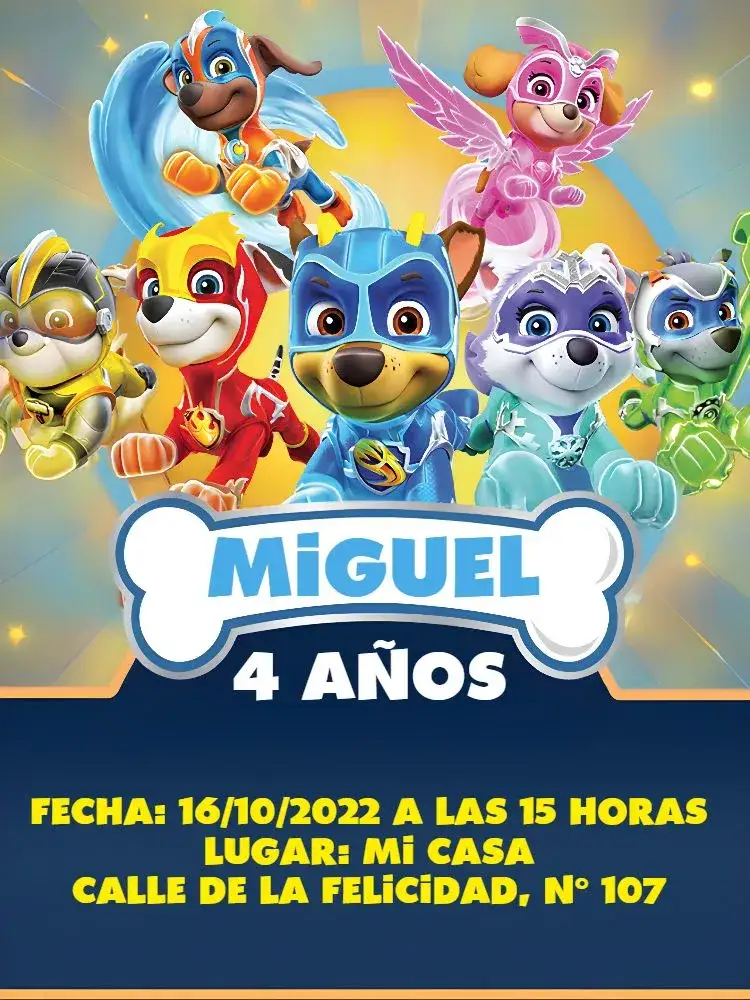 Invitación Patrulla Canina Azul – tema Cumpleaños Infantil azul, dorado, divertido, temático, infantil