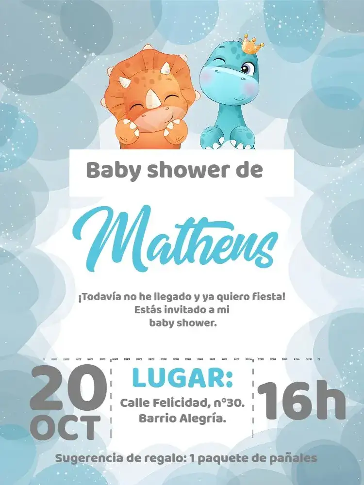 Invitación Baby Shower Dinosaur Boy – tema Baby Shower dinosaurios, azul, blanco, nubes, informal, infantil