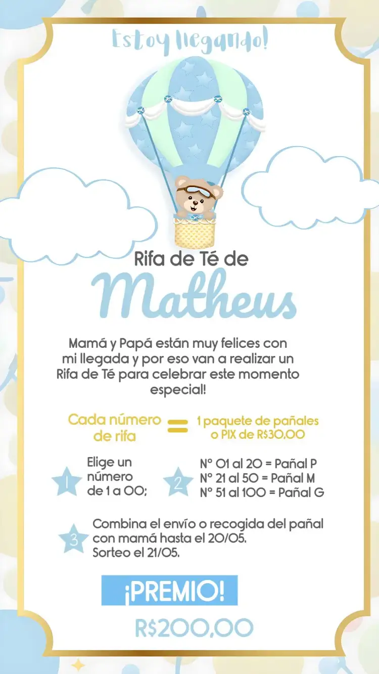 Invitación Chá Rifa Osito Globos Azules – tema Té Rifa azul, dorado, oso de peluche, globos, infantil, divertido