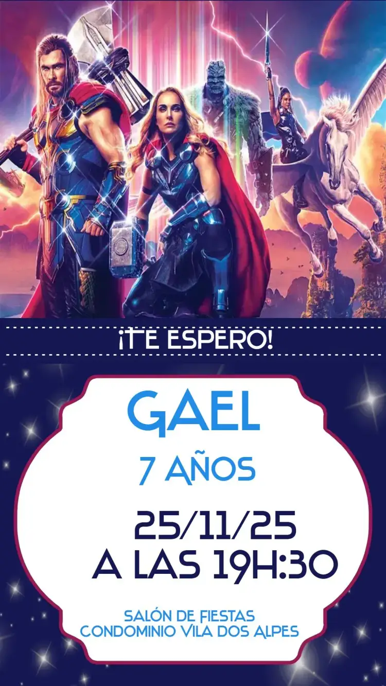 Invitación Thor Amor y Trueno – tema Cumpleaños Infantil colores vibrantes, estilo épico, elementos gráficos de superhéroes, divertido, moderno