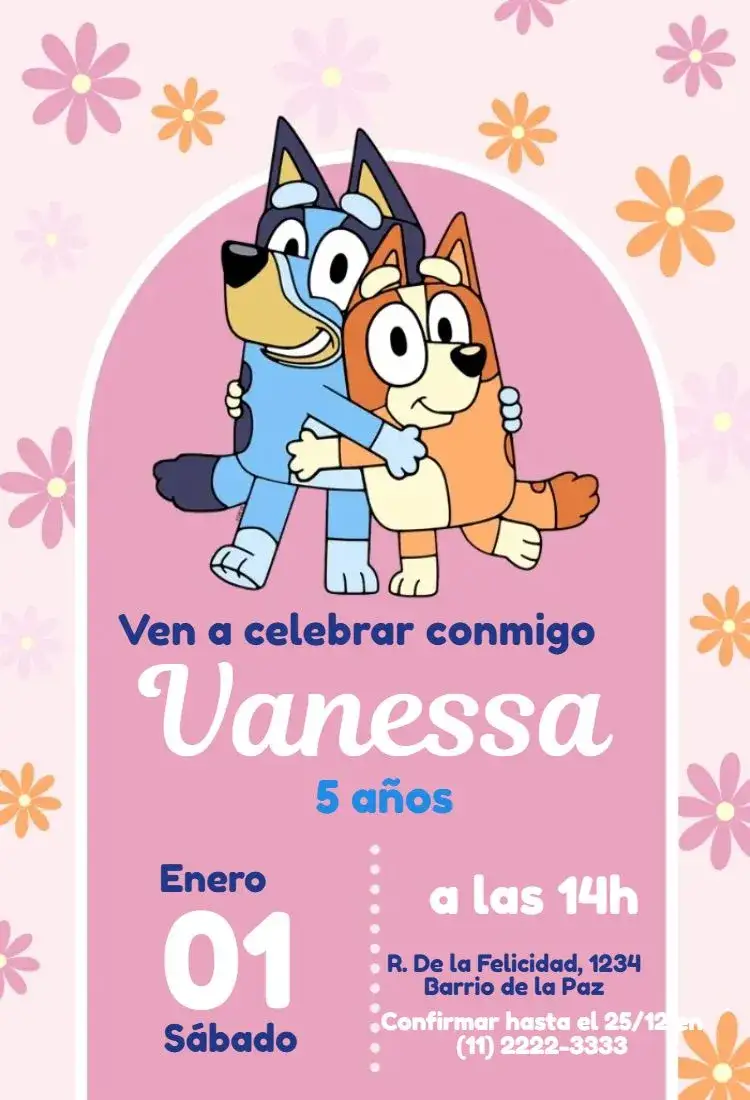 Invitación Bluey y Bingo Arco Floral – tema Más buscados floral, colorido, divertido, infantil, moderno