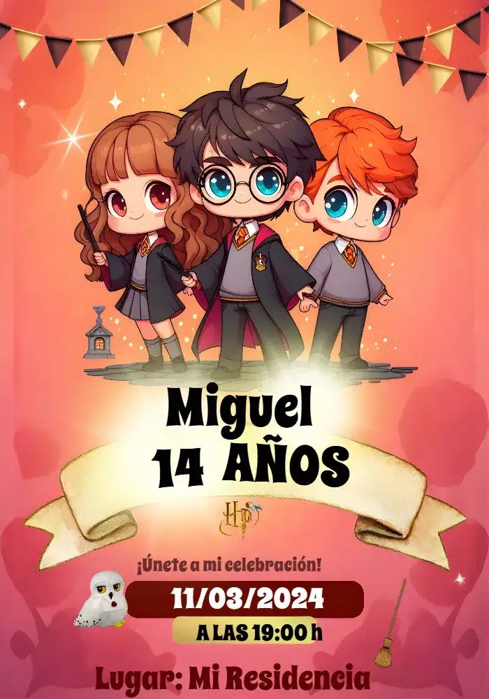 Invitación Invitación Harry Potter Hedwig – tema Cumpleaños Infantil mágico, brujo, de fantasía, temático, colorido, divertido