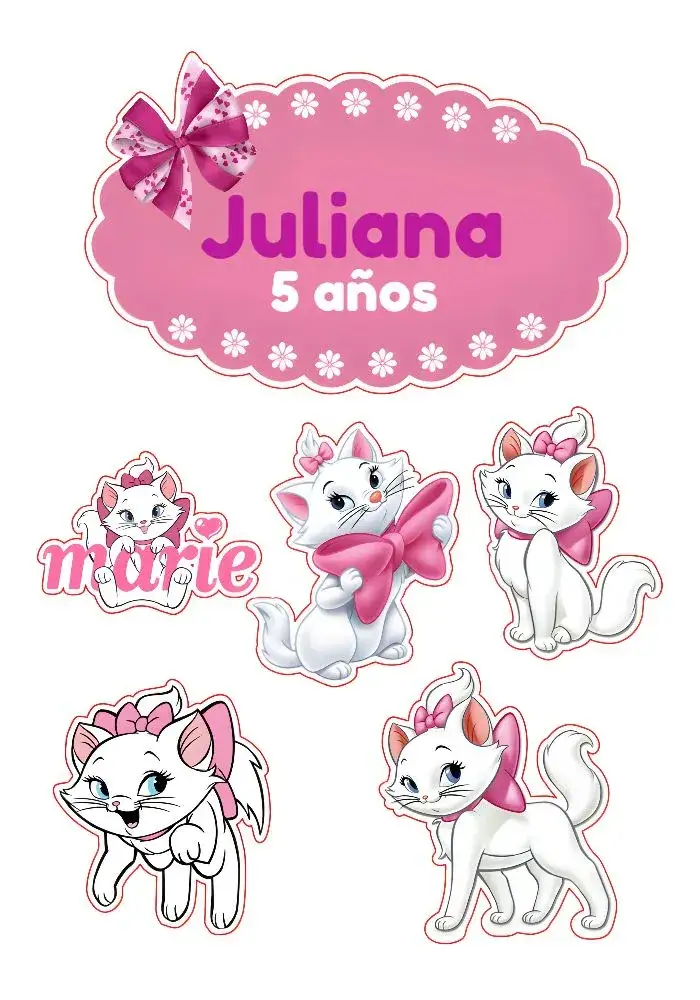 Invitación Topo De Pastel Gatita Marie Rosa – tema Topper de torta rosa, lila, tierno, infantil, divertido, delicado