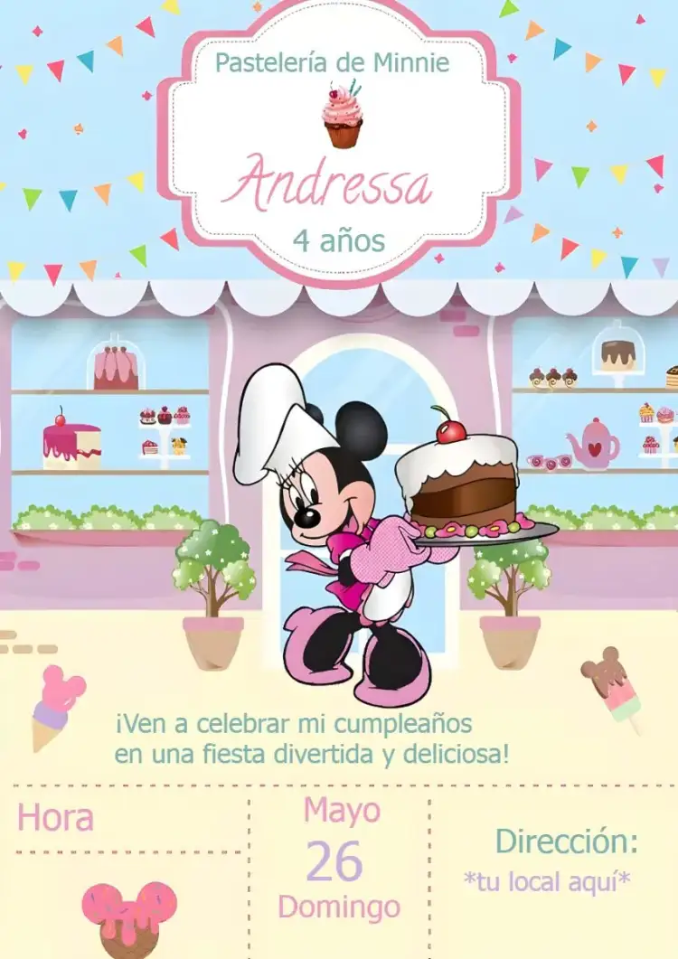 Invitación Minnie Mouse Confeitaria Verde – tema Más buscados colores pasteles, temática de repostería, elementos gráficos de dulces, estilo lúdico, inspirado en Disney