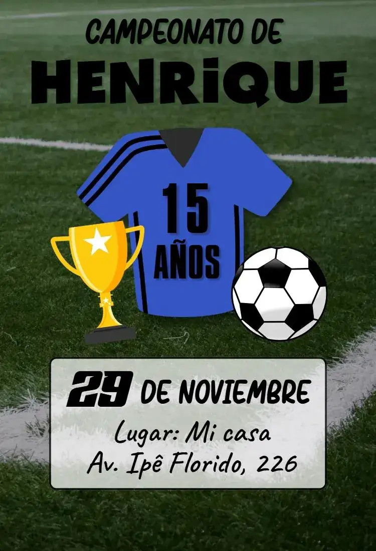 Invitación Cumpleaños Fútbol – tema Cumpleaños colores vibrantes, estilo moderno, elementos gráficos de fútbol, diseño animado, tema deportivo