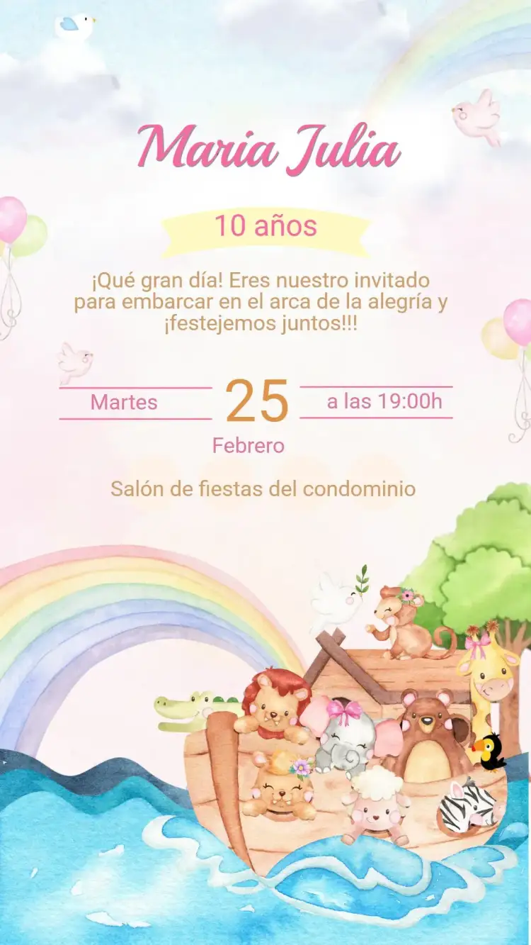 Invitación Invitación Cumpleaños ARCA DE NOÉ – tema Cumpleaños Infantil colorido, lúdico, ilustraciones de animales, estilo divertido, tema de aventura, gráficos alegres