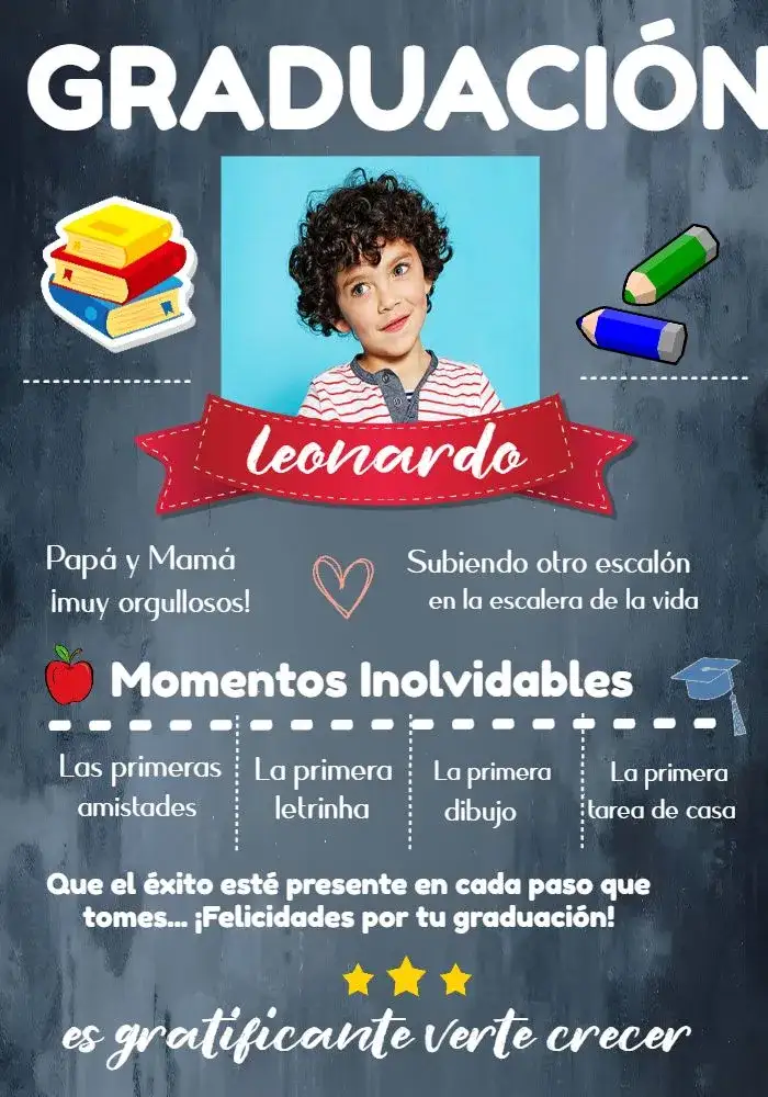 Invitación Graduación Infantil Con Foto Lápiz – tema Graduación colorido, lúdico, moderno, educativo, divertido, pizarra
