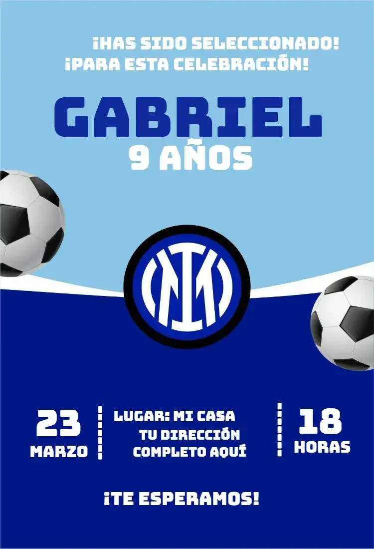 Invitación Inter de Milão 3 – tema Cumpleaños fútbol, moderno, vibrante, colorido, deportivo, joven