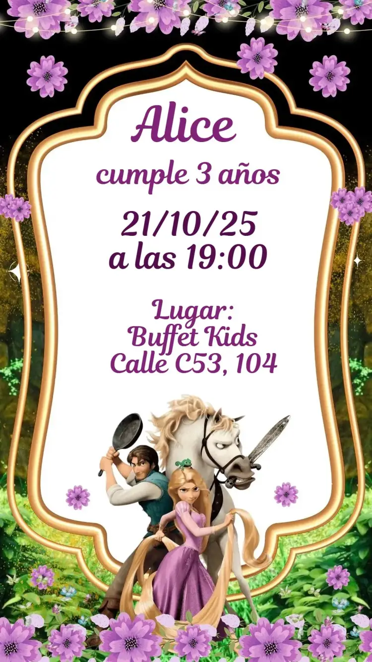 Invitación Enredados – tema Cumpleaños Infantil mágico, colorido, fantasía, divertido, ilustraciones infantiles, temático