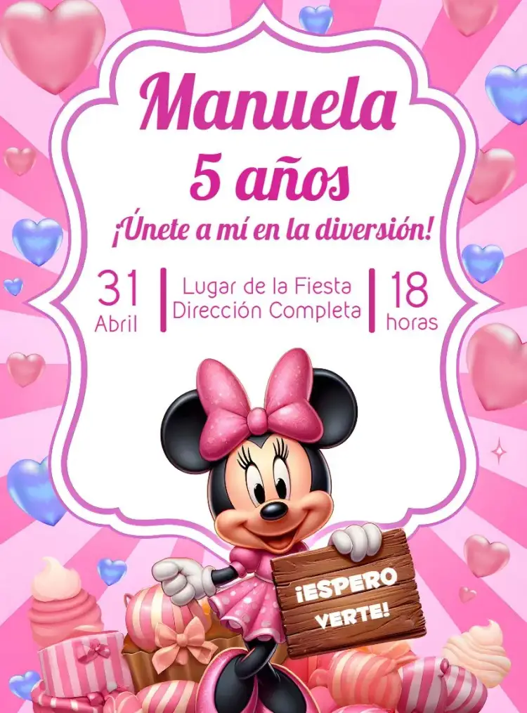 Invitación Repostería De Minnie Mouse Disney – tema Más buscados rosa, Disney, pastelería, divertido, infantil, colorido