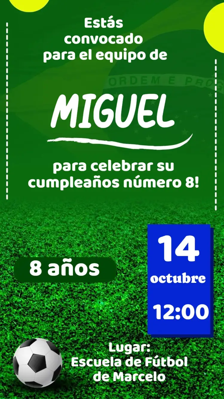 Invitación Fútbol – tema Cumpleaños verde y amarillo, estilo deportivo, gráficos de fútbol, minimalista, divertido, dinámico