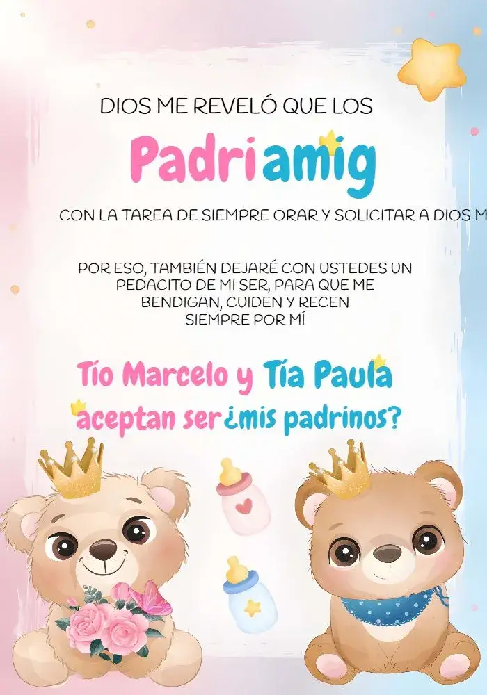 Invitación Padrinos Ositos Realeza Revelación – tema Revelación Bebé ositos, realeza, rosa y azul, lúdico, divertido, infantil