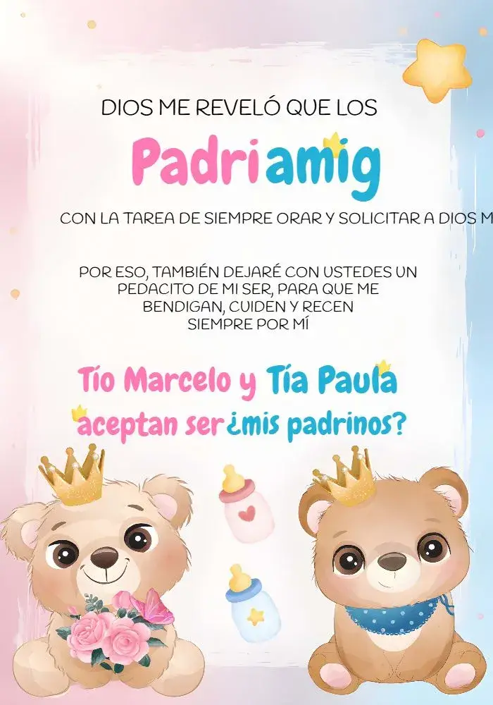 Invitación Padrinos Ositos Realeza Revelación