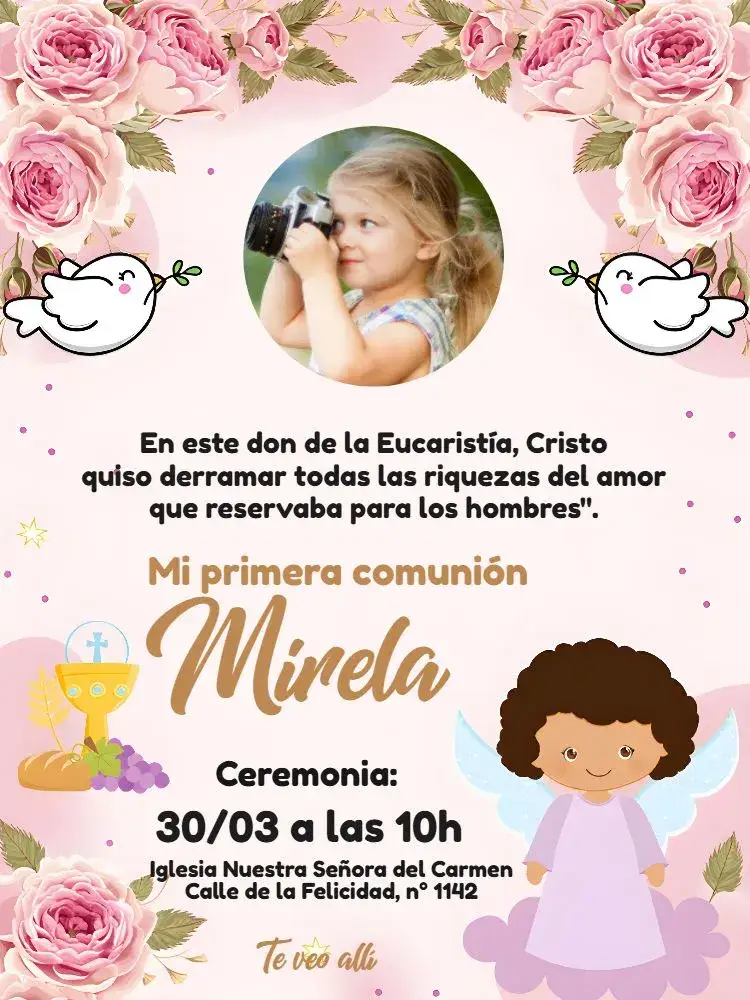 Invitación Primera Comunión Floral Con Foto Niña – tema Primera Comunión floral, delicado, colorido, moderno, infantil