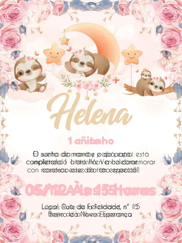 Invitación Perezoso Floral Blanco – tema Fechas Conmemorativas floral, acuarela, pastel, infantil, colorido, moderno
