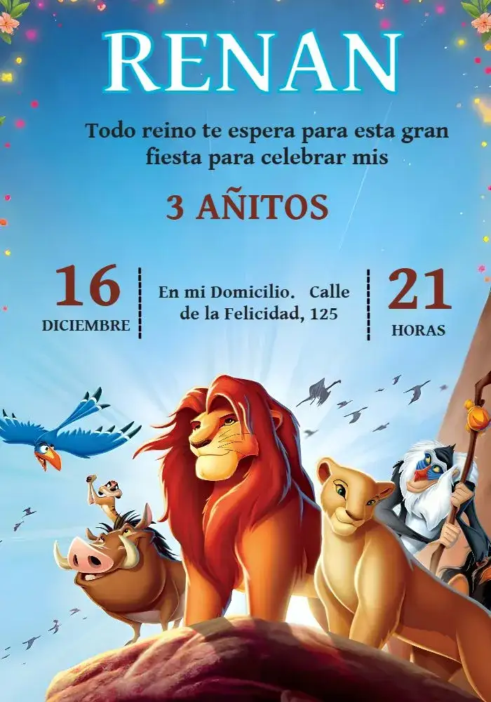 Invitación El Rey León – tema Cumpleaños Infantil colores vibrantes, estilo divertido, elementos de la selva, ilustración lúdica, inspirado en el cine, tonos cálidos