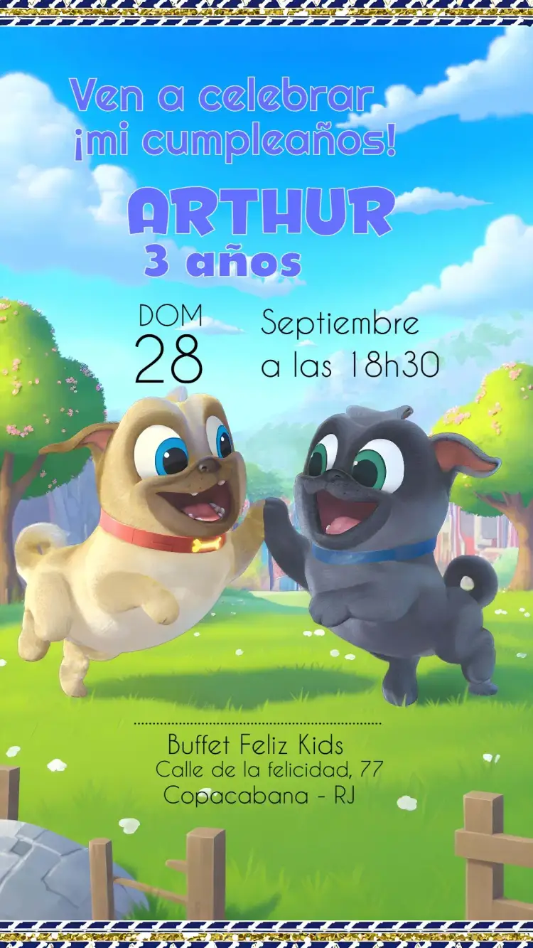 Invitación Bingo y Rolly Puppy Dog Pals Azul – tema Más buscados azul, divertido, infantil, colorido, animales, aventura
