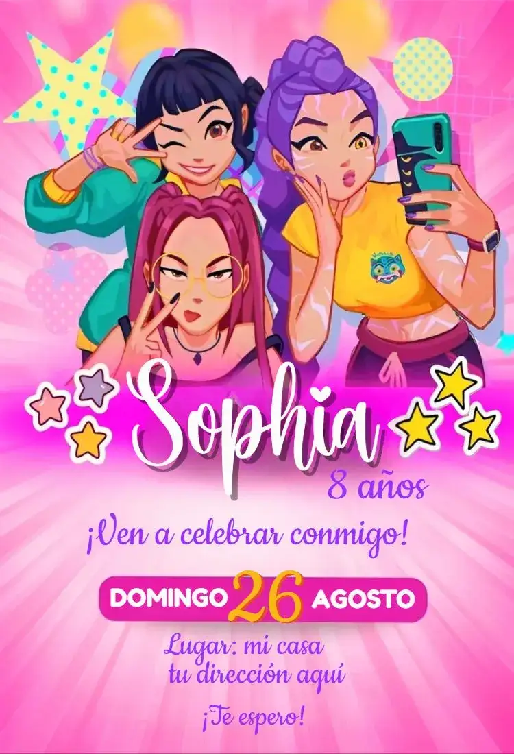 Invitación Guerreras del Kpop – tema Cumpleaños colorido, moderno, anime, Kpop, divertido, vibrante