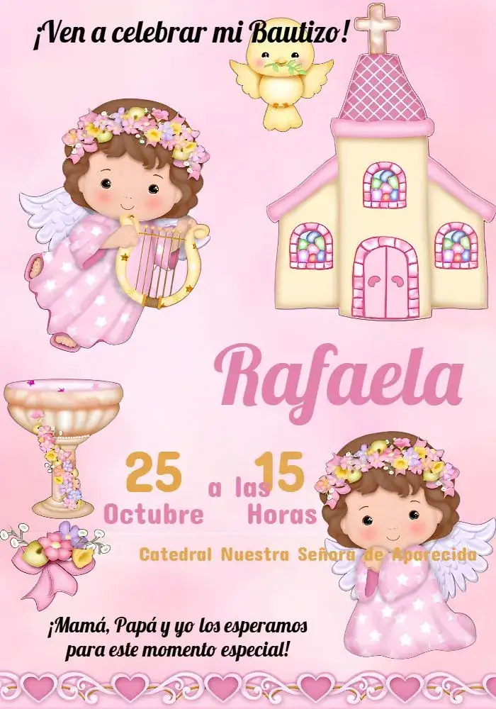 Invitación Bautismo Niña Rosa Primera – tema Primera Comunión rosa suave, angelitos, flores delicadas, infantil, minimalista, moderno
