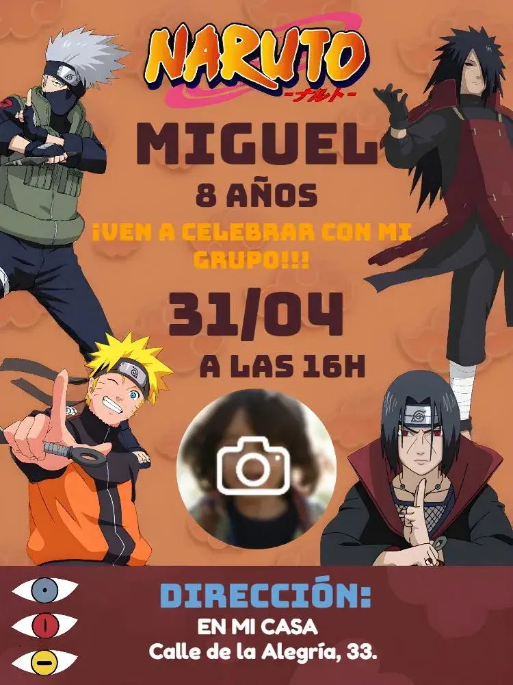 Invitación Naruto Con Foto Sasuke